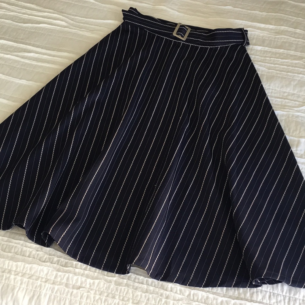 Bysi Midi Pinstriped Navy and White Belted Skirt